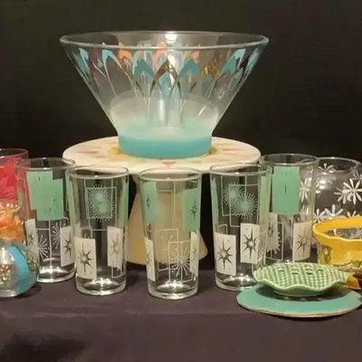 Colorful Vintage Glassware Collection Featuring Mid-Century Tumblers & Decorative Bowls