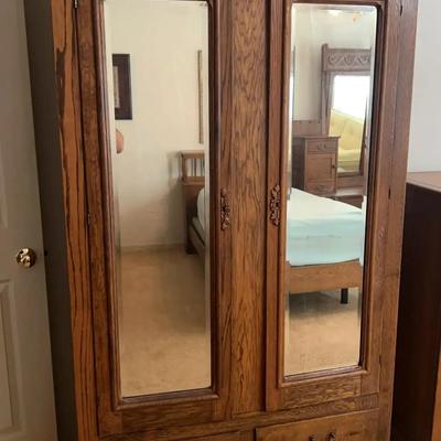 Vintage Wooden Armoire with Mirrored Doors