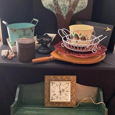 Distressed Wall Shelf with Seth Thomas Clock, Decorative Tree & Serving Pieces