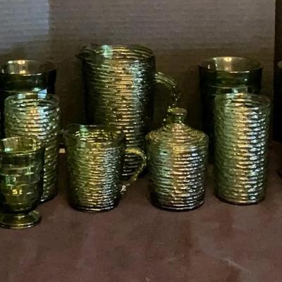 Vintage Green Glassware Collection Featuring Pitcher, Creamer & Sugar