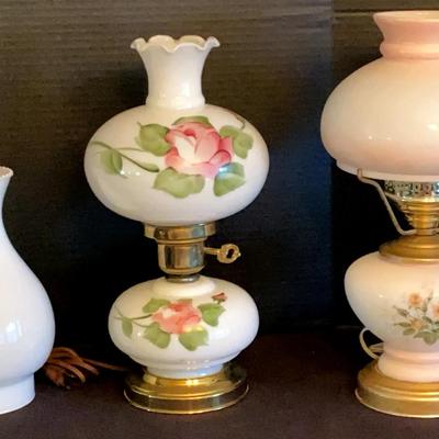 Pair of Hand-Painted Milk Glass Lamps with Extra Globe