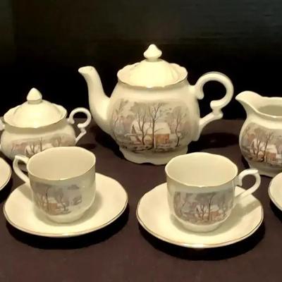 Avon China Tea Service Featuring Currier & Ives–Style Winter Scene