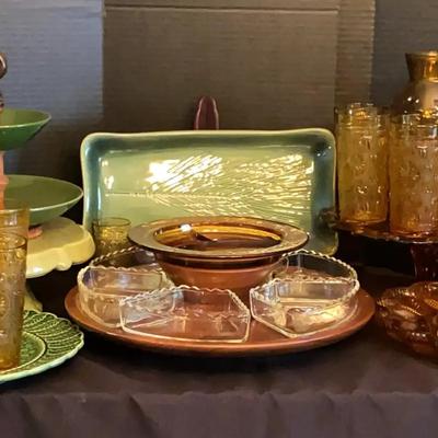 Vintage Gold & Green Serving Dish Collection with Wooden Lazy Susan