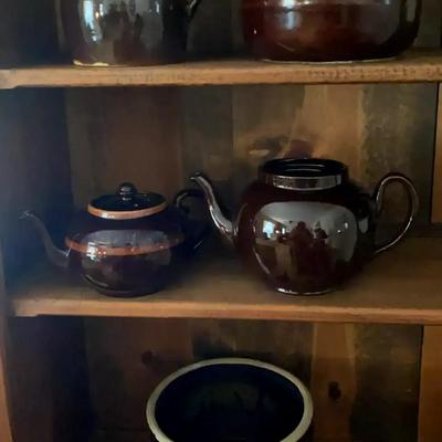Brown & Cream Stoneware Teapots and Crock — Made in USA