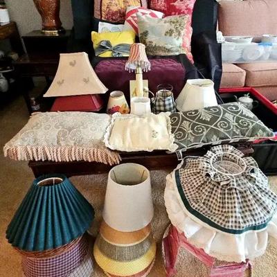 Pillows, Working Wall Lamp & Assortment of Lampshades