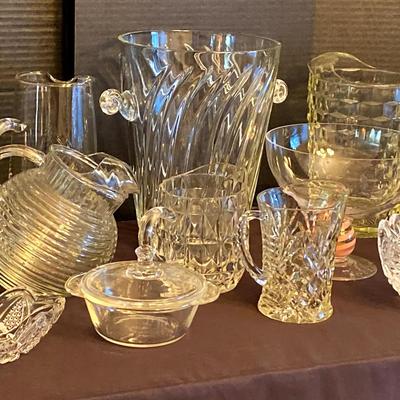 Collection of Clear Glass Pitchers, Bowls & Decorative Pieces