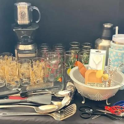 Vintage Glassware Sets, Coffee Grinder & Wolfgang Puck Kitchen Tools