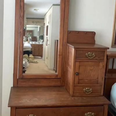 Wooden Gentlemen’s Dresser with Hat Box & Tall Mirror