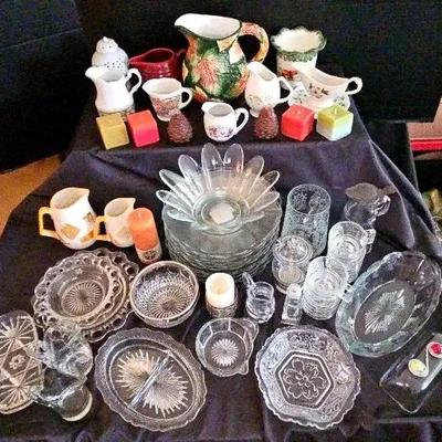 Collection of Pitchers, Candles & Clear Glassware