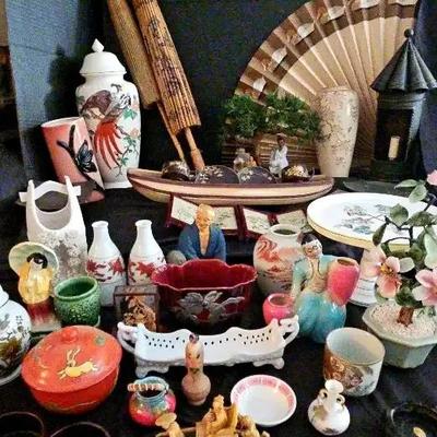 Asian-Inspired Decor with Bamboo Umbrellas, Pottery & Figurines