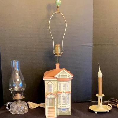 Victorian House Lamp, Eagle Oil Lamp & Metal Candlestick Light