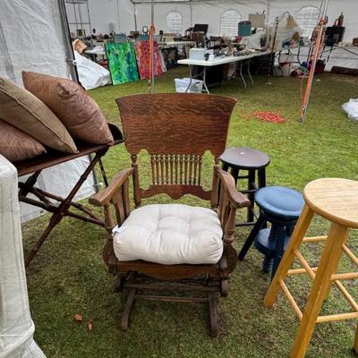 Antique rocker, stools
