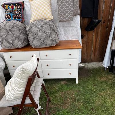Poofs, dresser, throw pillows