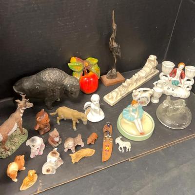 Eclectic Lot Of Vintage MCM Decorative Figurines, Mostly Animals: Dogs, Bison, Donkeys, Heron…