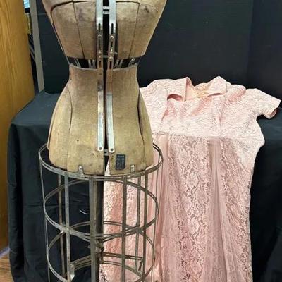 Acme L&M Antique Adjustable Dress Form With A Metal Cage And Cast Iron Base 65” With Pink Lace Dress