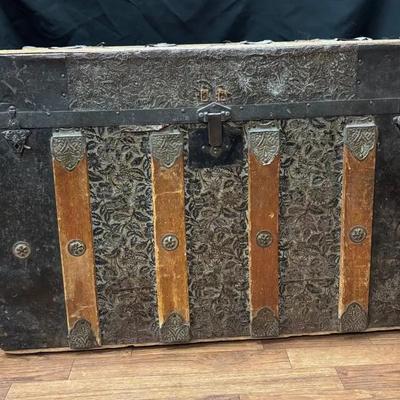 Antique Flat-top Steamer Trunk With Ornate Embossed Tin 21”x32”x17 1/2”