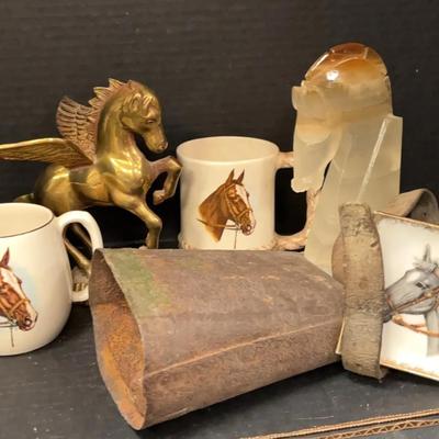 Solian Ware Horse Mugs With Brass Pegasus, Glass Horse Figure And Cattle Bell