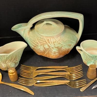 McCoy Tea Set With Gold Colored Silverware And Salt And Pepper Shaker