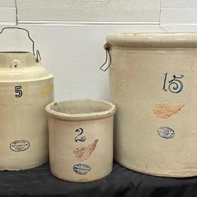 Lot Of 3 Stoneware Crocks: 15-gallon Red Wing, 5-gallon Medalta Potteries LTD., 2-gallon Red Wing