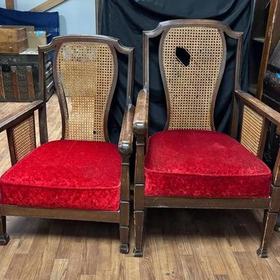 2 Vintage Queen Anne Style Cane Back Armchairs With Red Velvet Cushions