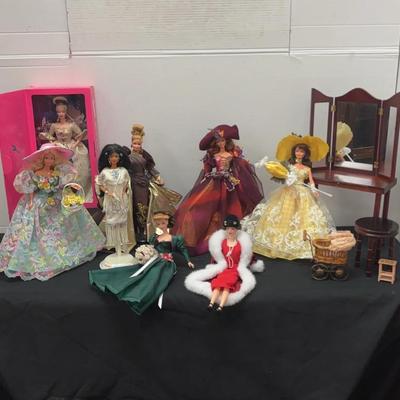 8 Barbie Dolls Circa 1980s Including “Secret Of The Three Teardrops” New In Box, Wood Vanity & Table
