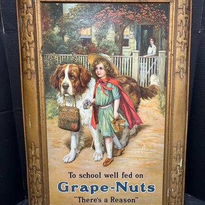 Vibrant Tin Lithograph Grape-Nuts Advertisement 30 1/2”x 20 1/2”