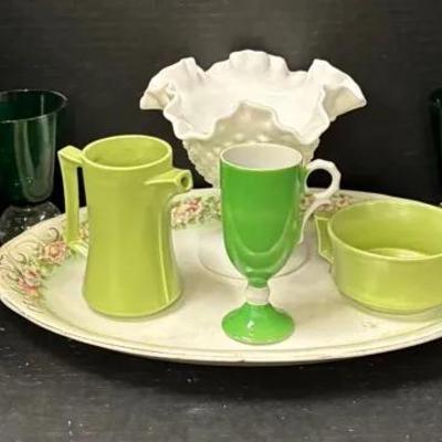 Laughlin Serving Platter, Milk Glass, Retro Emerald Glasses (5 Tall, 3 Short) And Maymo Dishware