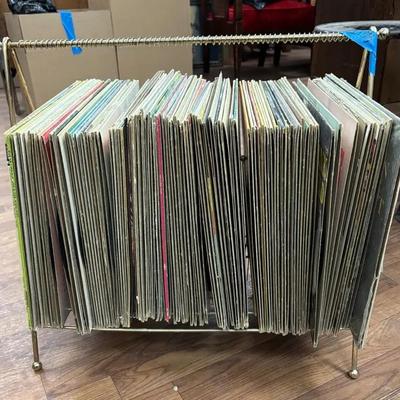Large Lot Of Over 90 Vintage Records And Holder 20”x21”x14”
