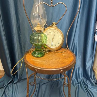 Vintage Wrought Iron Ice Cream Parlor Chair & Vintage Kerosene Lamp & Unique Pocket watch Clock