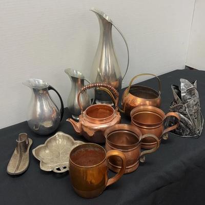 Vintage Metal Lot - Pewter Vases, Copper Mugs, Cast Iron Shoe Last/Cobbler's Anvil
