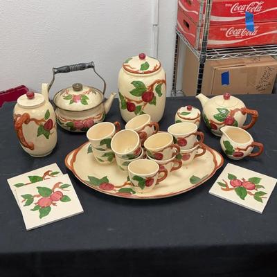 Franciscan Apple Tea ware, 3 Teapots, 11 Teacups, Cream And Sugar Holder, Cookie Jar And 3 Tiles