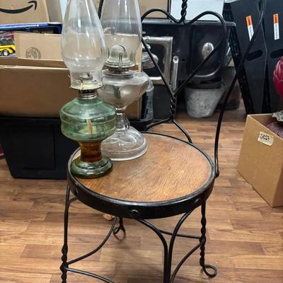 Vintage Twisted Wrought Iron Ice Cream Parlor Chair & Vintage Kerosene Lamps