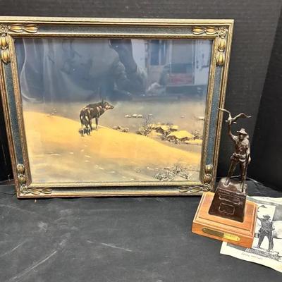 The Lone Wolf Print In Ornate Frame 16”x18”, ‘Montana Guardsman’ Bronze Sculpture 11” By Bob Scribes