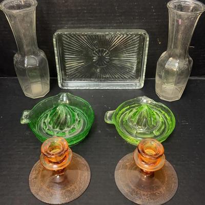 Lot Of Vintage Glassware Including Two Uranium Glass Citrus Juicers