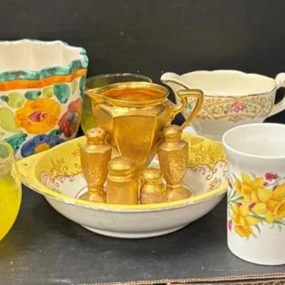 Cheerful Yellow Glassware Featuring Hinode From Japan, Society From England B&Co From France