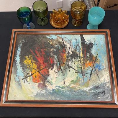 MCM Abstract Oil Painting And Colorful Glassware