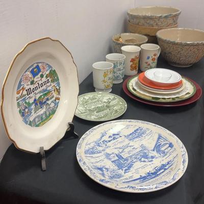 Eclectic Vintage Lot Including Montana Souvenir Plates, Floral Tea Mugs, Red Wing Spongeware