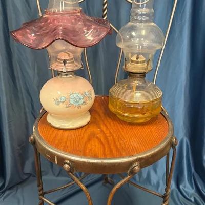 Vintage Twisted Wrought Iron Ice Cream Parlor Chair & 2 Kerosene Lamps