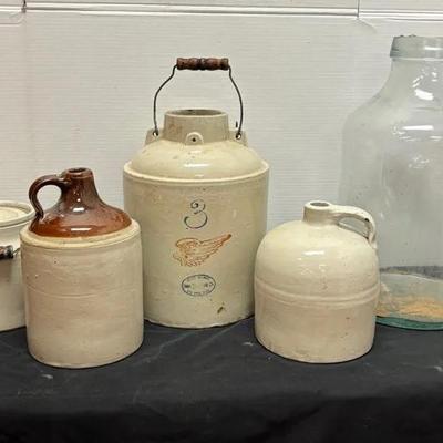 Vintage Libbey 5-gal American Bicentennial Eagle Jug, 3-gal Red Wing Crock, 3 Assorted Jugs