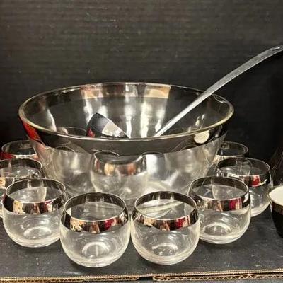 Retro 70s Silver Rimmed Punch Bowl (11 Cups) And Glassware
