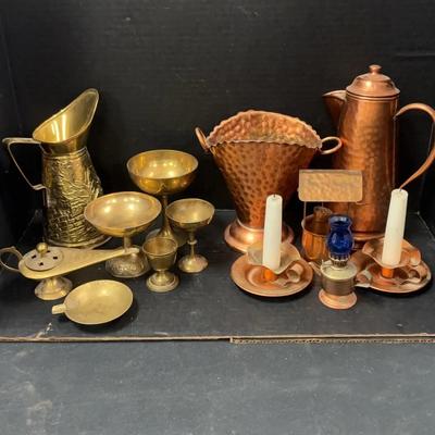 Vintage Copper & Brass Decor Lot - Candlesticks, Pitchers, Miniature Oil Lamp & More
