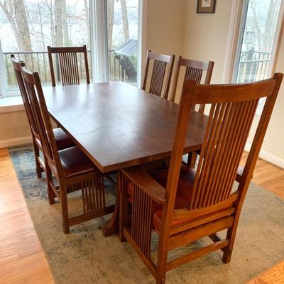 Sale Photo Thumbnail #3: Stickley trestle table w/ set of 6 spindle chairs