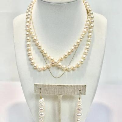 14K Gold & Pearl Jewelry Set – Cultured Pearl Necklace, Chain & Earrings