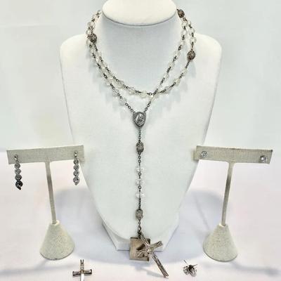 5-Piece .925 Sterling Jewelry Set – Rosary Necklace, Cross Pendant, Studs & Marcasite Earrings