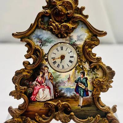 Miniature Ornate Rococo-Style Table Clock–Hand-Painted Décor Piece