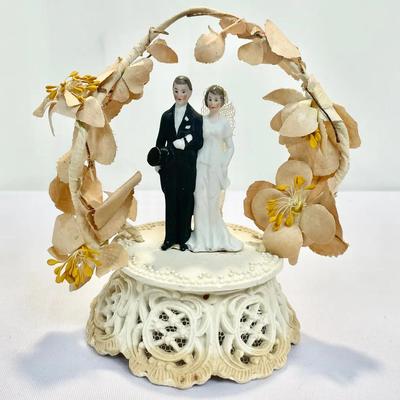 Vintage Wedding Cake Topper with Floral Arch & Lace Base
