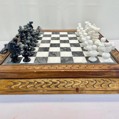 Hand-Carved Wood & Marble Chess Board Set with Drawers