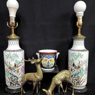Porcelain Lamp Pair w/ Brass Deer Figurines & Imari-Style Cachepot