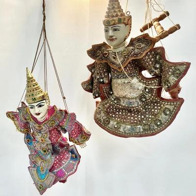 Pair of Vintage Burmese Marionette String Puppets — Hand-Carved with Beaded Costumes