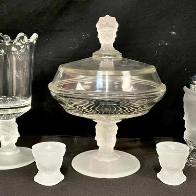 Duncan & Miller Style “Three Face” Glass Collection – Compote, Goblet, Shaker & Toothpicks